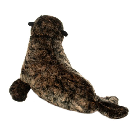 Sea Lion DLux Buoy plush showing brown spotted body, dark ears, and flippers resting on white background.
