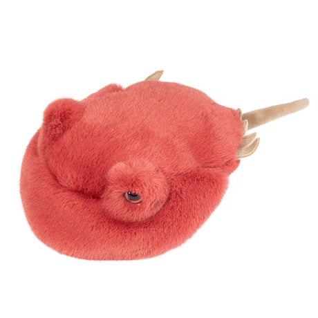 Plush Horseshoe Crab Howie in brick red with coral eyes, soft spikes, and tapering tail, cuddly and detailed design.