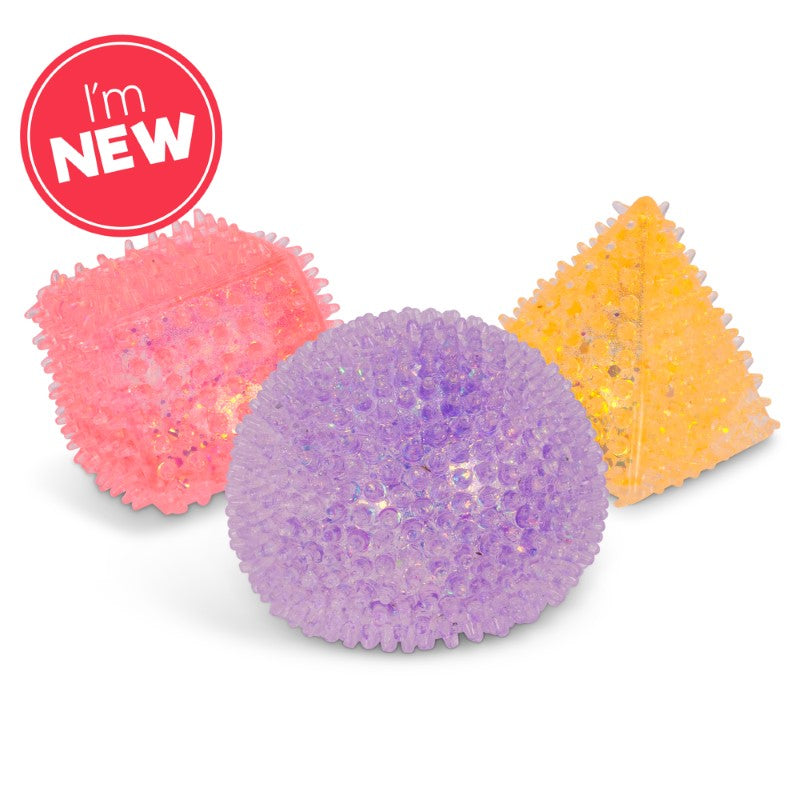 Scrunchems Sugar Shape colorful textured sensory toys in pink purple and yellow shapes