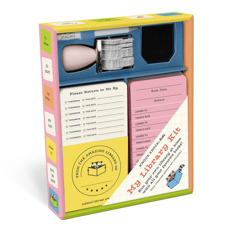 Kids Library Kit with date stamp, self-adhesive pockets, checkout cards, and pencil for imaginative book lending play.