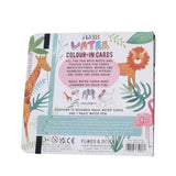 Back of children’s magic water color-in card set with animal illustrations and instructional text displayed