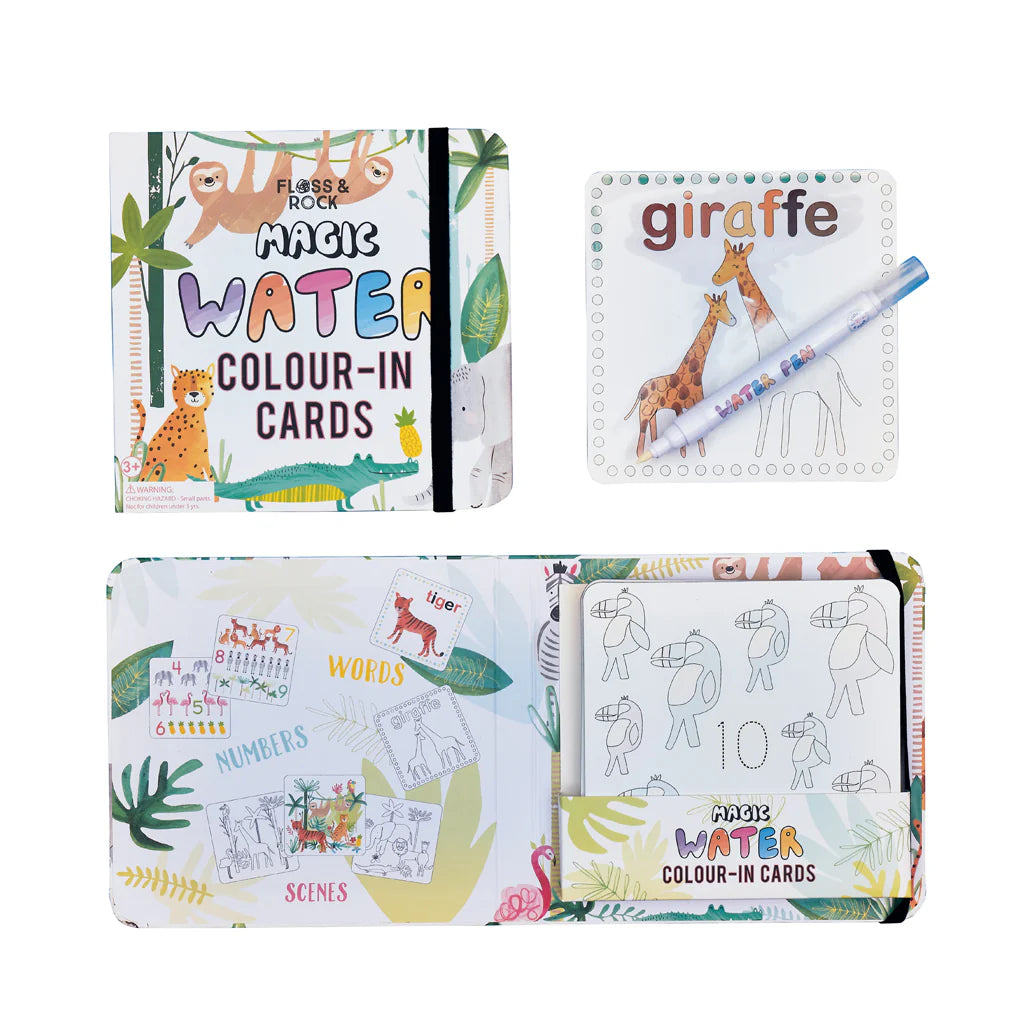 Children’s magic water color-in cards with animal designs, including giraffe, tiger, and numbers, with pen included