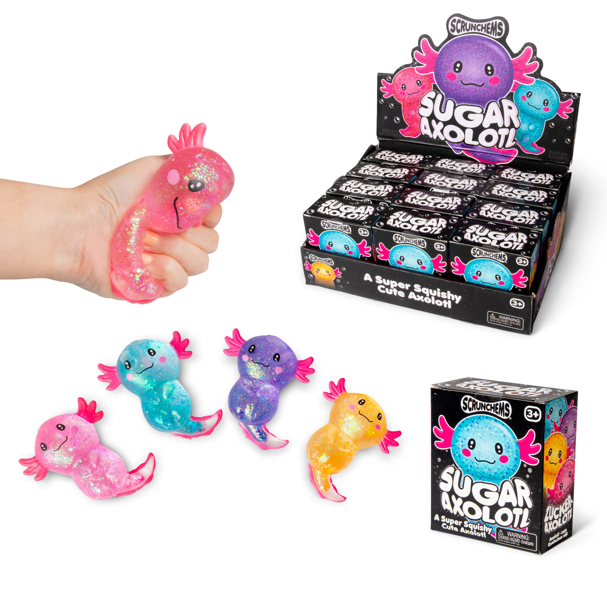 Scrunchems Sugar Axolotl colorful glittery axolotl toys displayed in packaging and held in a hand