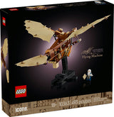 LEGO Icons Leonardo da Vinci's Flying Machine model with textile wings and display stand including mini Leonardo figure.