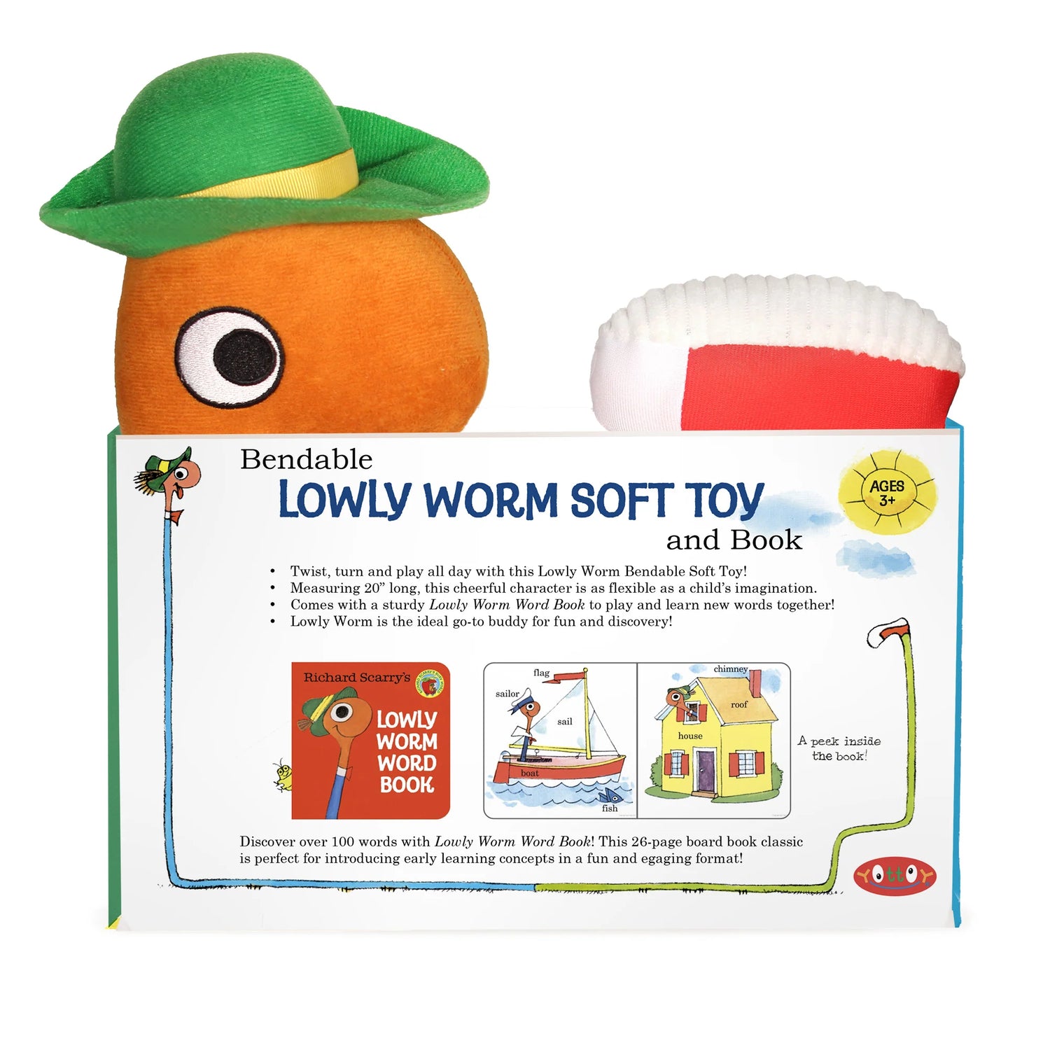 Lowly Worm bendable soft toy in green hat holding a board book with colorful illustrations for children ages 3 and up