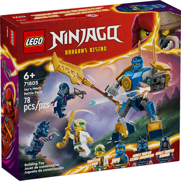 Ninjago Jay's Mech Battle Pack with posable mech, four minifigures, golden swords, and accessories for kids 6+.