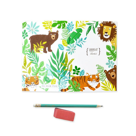 Sketchbook | Grrreat Ideas with colorful jungle animals and leafy design, perfect for sketching or jotting notes.