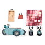Badger Picnic Motorbike Ride with wooden motorbike two badger figures and picnic accessories