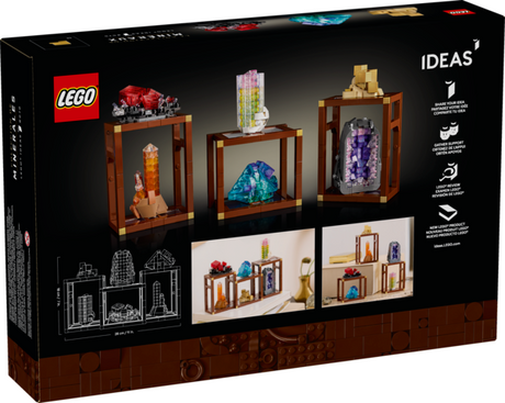 LEGO Ideas Mineral Collection with buildable shelving units and colorful mineral replicas for creative display and decoration.