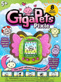 Colorful GigaPets Pixie virtual pet with butterfly wings and animated pixel characters on screen for ages 5 and up