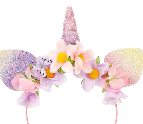 Lilac unicorn headband with glittery horn, sparkly ears, and pastel flower decorations for magical playful looks