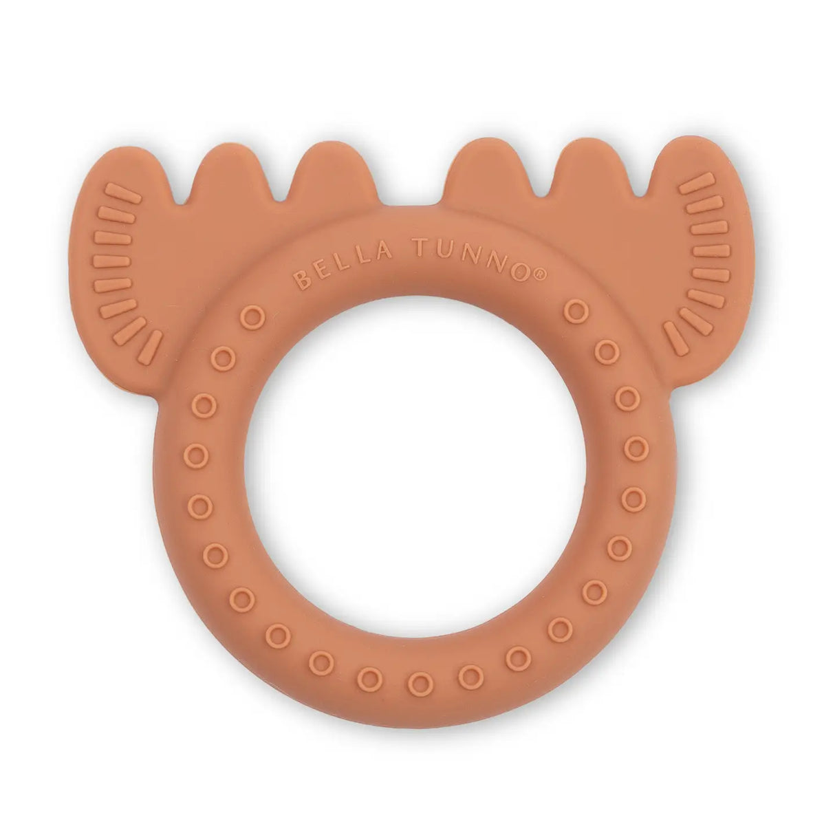 Soft silicone moose-shaped baby rattle teether designed to soothe gums and engage senses with textured details.