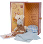 Soft fabric mouse doll wearing a vest and bow tie sitting with pillow and blanket inside decorative stamp box