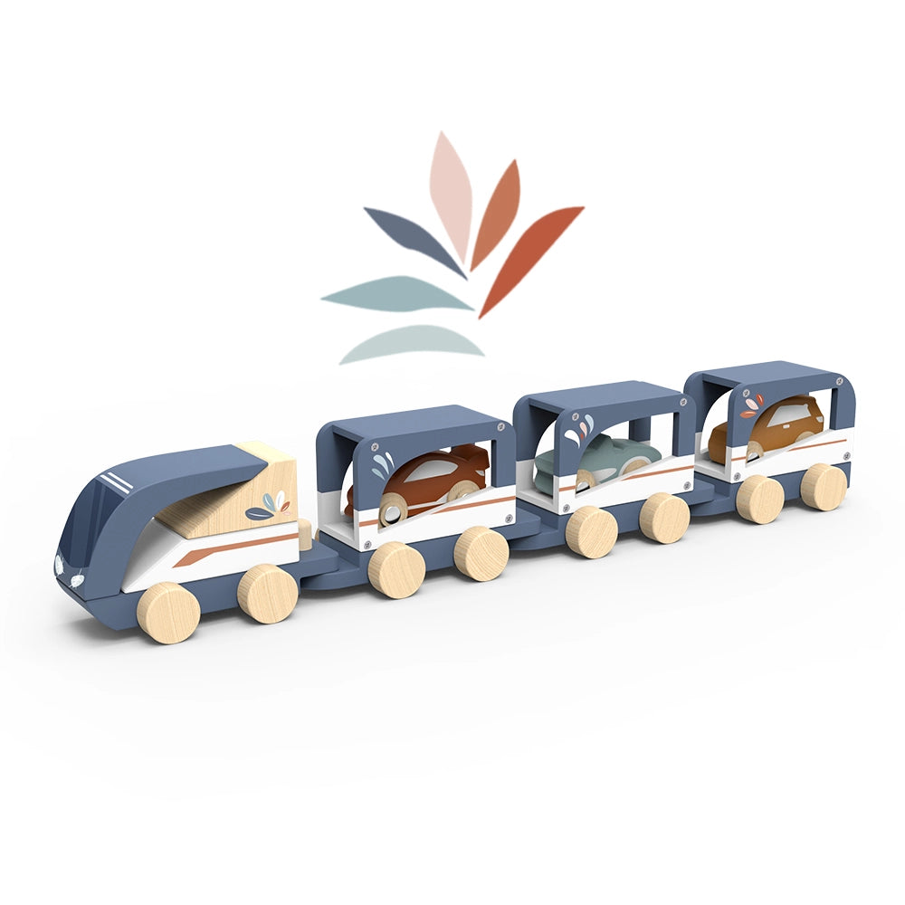 Wooden train vehicle carrier toy with colorful cars designed for toddlers to encourage motor skills development