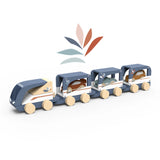Wooden train vehicle carrier toy with colorful cars designed for toddlers to encourage motor skills development
