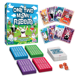 One Two Many Rabbits game with colorful cards and dice, playful rabbit characters on a green field background.