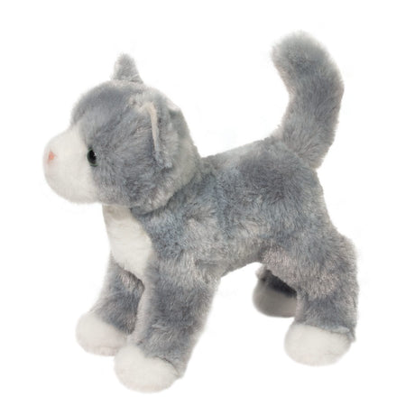 Gray Cat Scatter plush with soft gray fur, white markings, golden eyes, and a playful stand-up pose.
