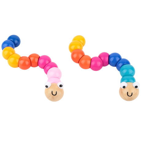 Majigg Woody the Worm colorful wooden toy worms with round painted segments and smiling faces for toddlers.