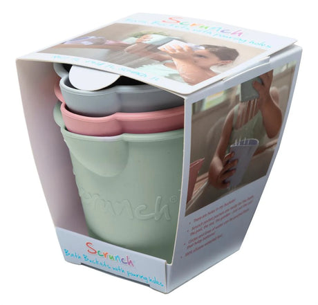 Scrunch Mini Bath Buckets 3 pack in pastel colors, designed for fun at the bath or beach, stackable and collapsible.