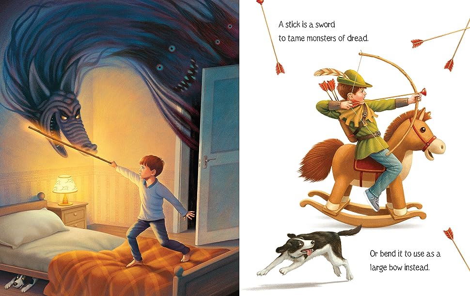 What to Do With a Stick book page showing a boy imagining a stick as a sword fighting a dragon and riding a toy horse.