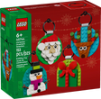 Colorful LEGO Christmas ornament set featuring Santa, reindeer, snowman, and gift buildable decorations with keyrings