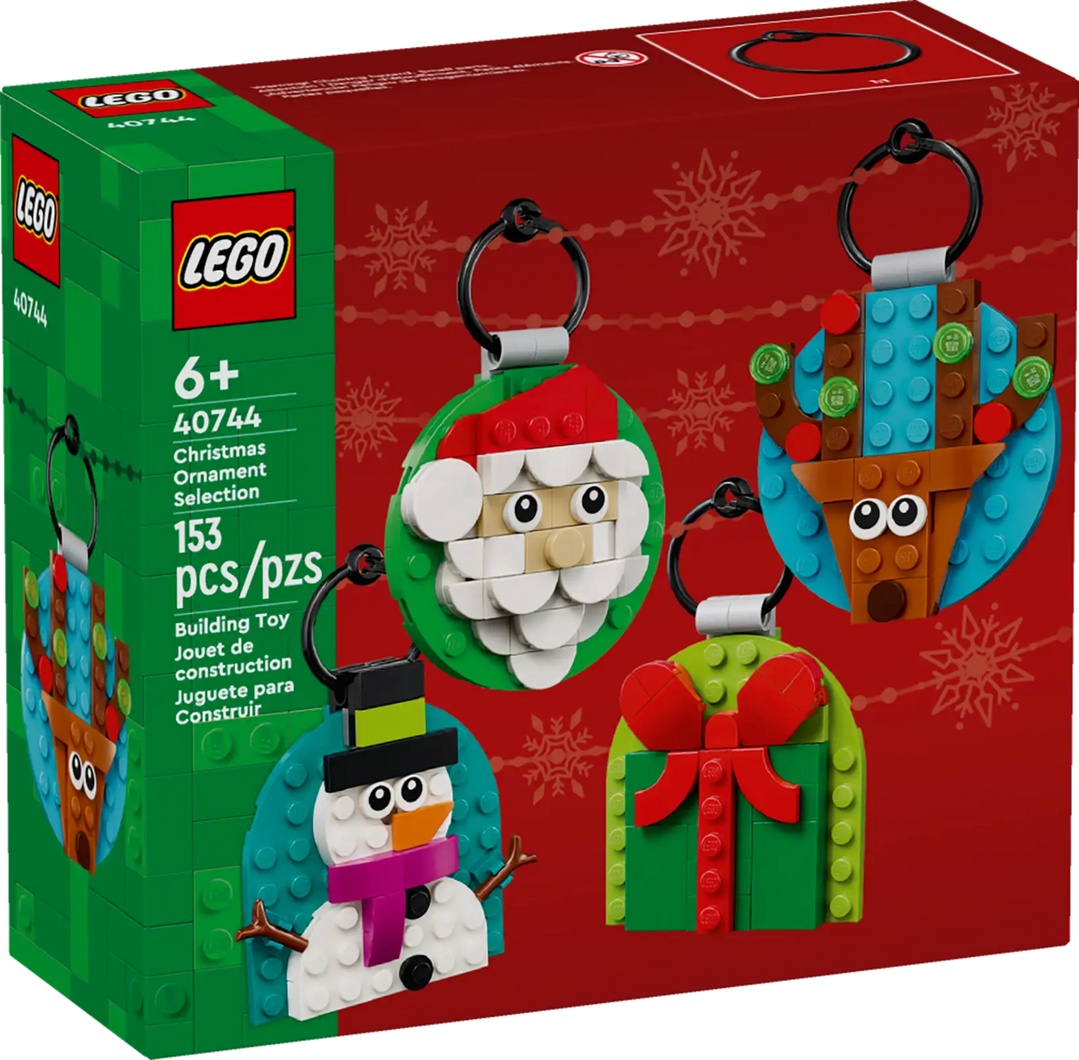 Colorful LEGO Christmas ornament set featuring Santa, reindeer, snowman, and gift buildable decorations with keyrings