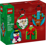 Colorful LEGO Christmas ornament set featuring Santa, reindeer, snowman, and gift buildable decorations with keyrings
