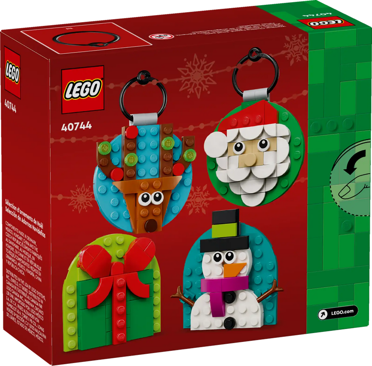 LEGO Christmas ornament set with buildable Santa, reindeer, snowman, and gift designs for kids ages 6 and up