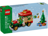 LEGO Santa's Delivery Truck playset with elf driver, Christmas tree, presents, and holiday decorations for imaginative play.