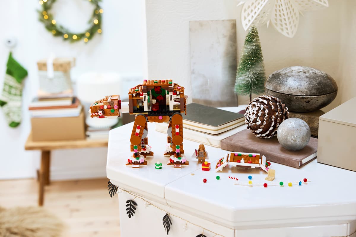 Seasons and Occassions Gingerbread AT-AT Walker displayed with festive holiday decorations