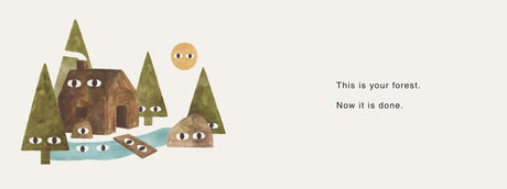 Illustration from Your Forest board book showing a cabin, trees, stream, bridge, and forest ghost at sunset.