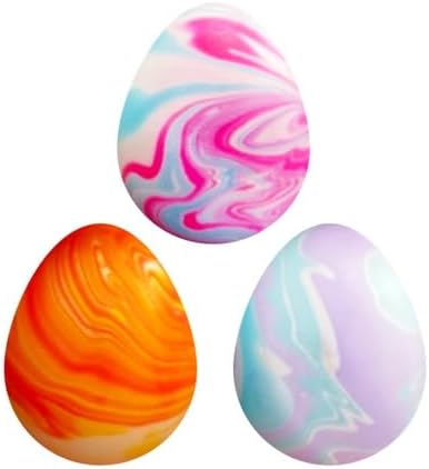 Three colorful swirled marble eggs filled with soft dough, NeeDoh Swirlie Egg sensory toys for spring and Easter.