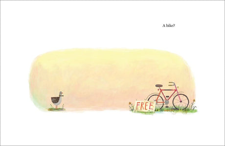 Illustration from Big Bike, Little Bike showing a bike with a free sign and a duck nearby in a soft pastel background.