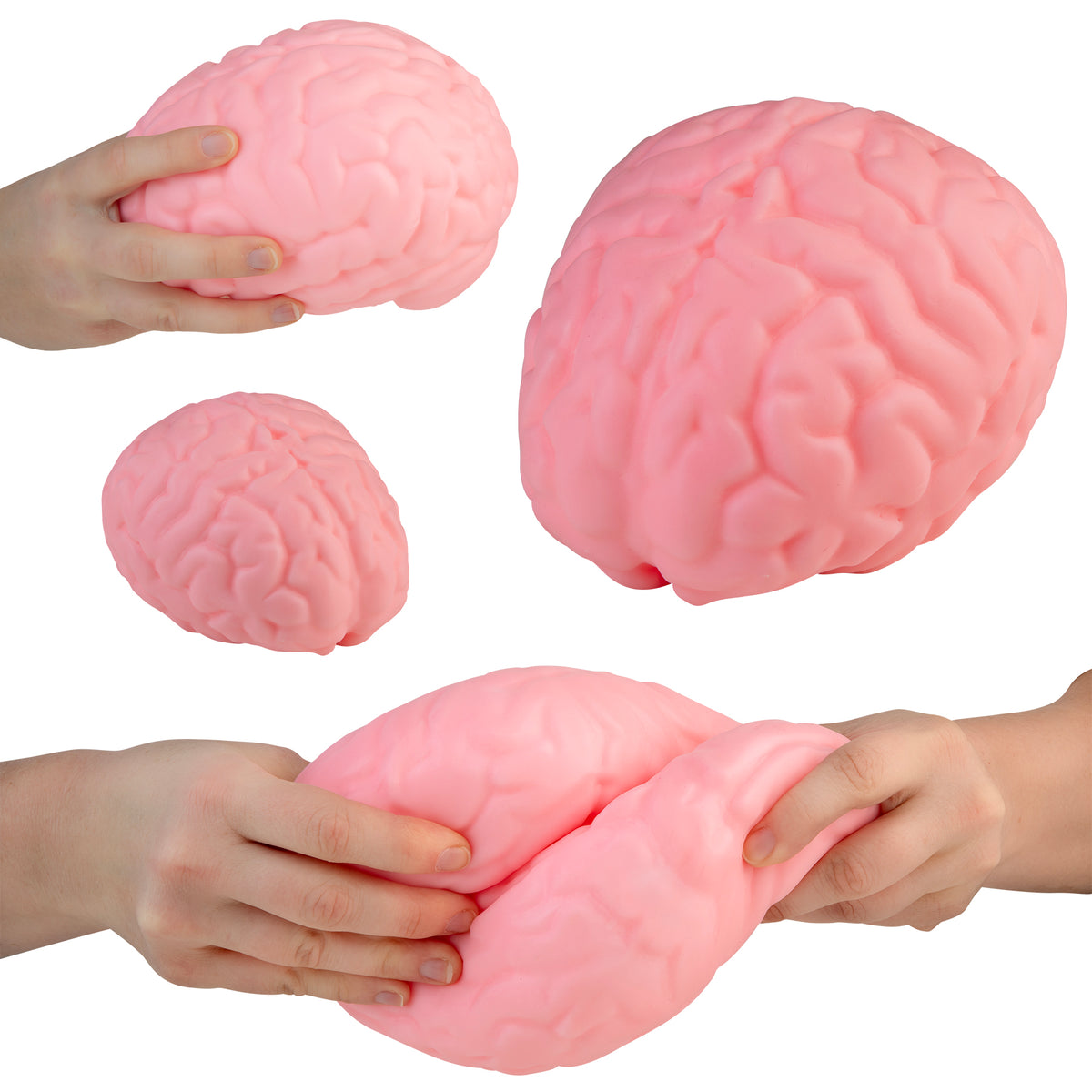 Easy Sqweezy Jumbo Brainy pink brain shaped squishy toy shown whole and squeezed by hand
