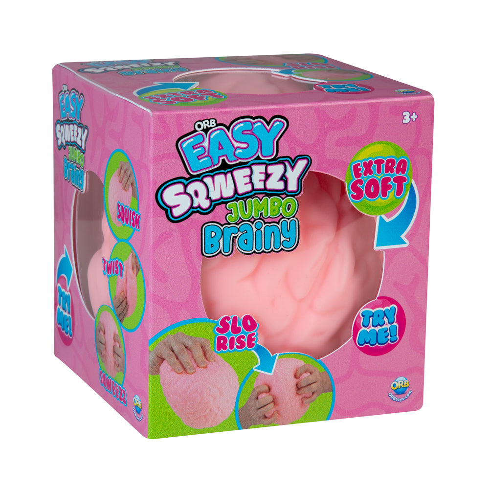 Easy Sqweezy Jumbo Brainy pink brain shaped squishy toy displayed in a colorful retail box