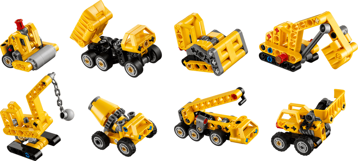 Technic Mighy Machines Blind Box featuring eight yellow construction vehicles