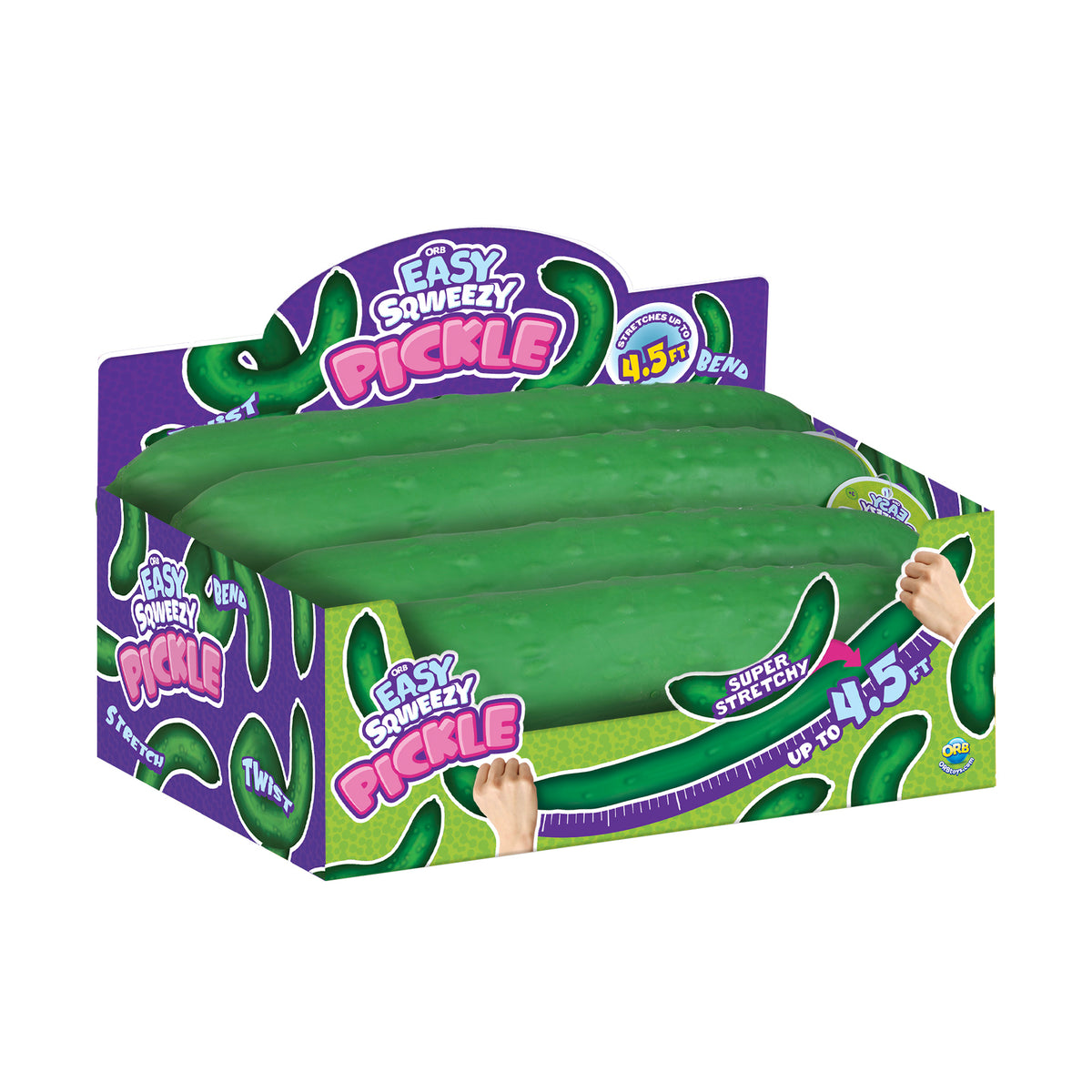 Easy Sqweezy Stretchy Jumbo Pickle green stretchy novelty toy in colorful display box