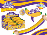 Display box of Easy Sqweezy Stretchy Banana toys with hands stretching one to show its super stretchy feature.