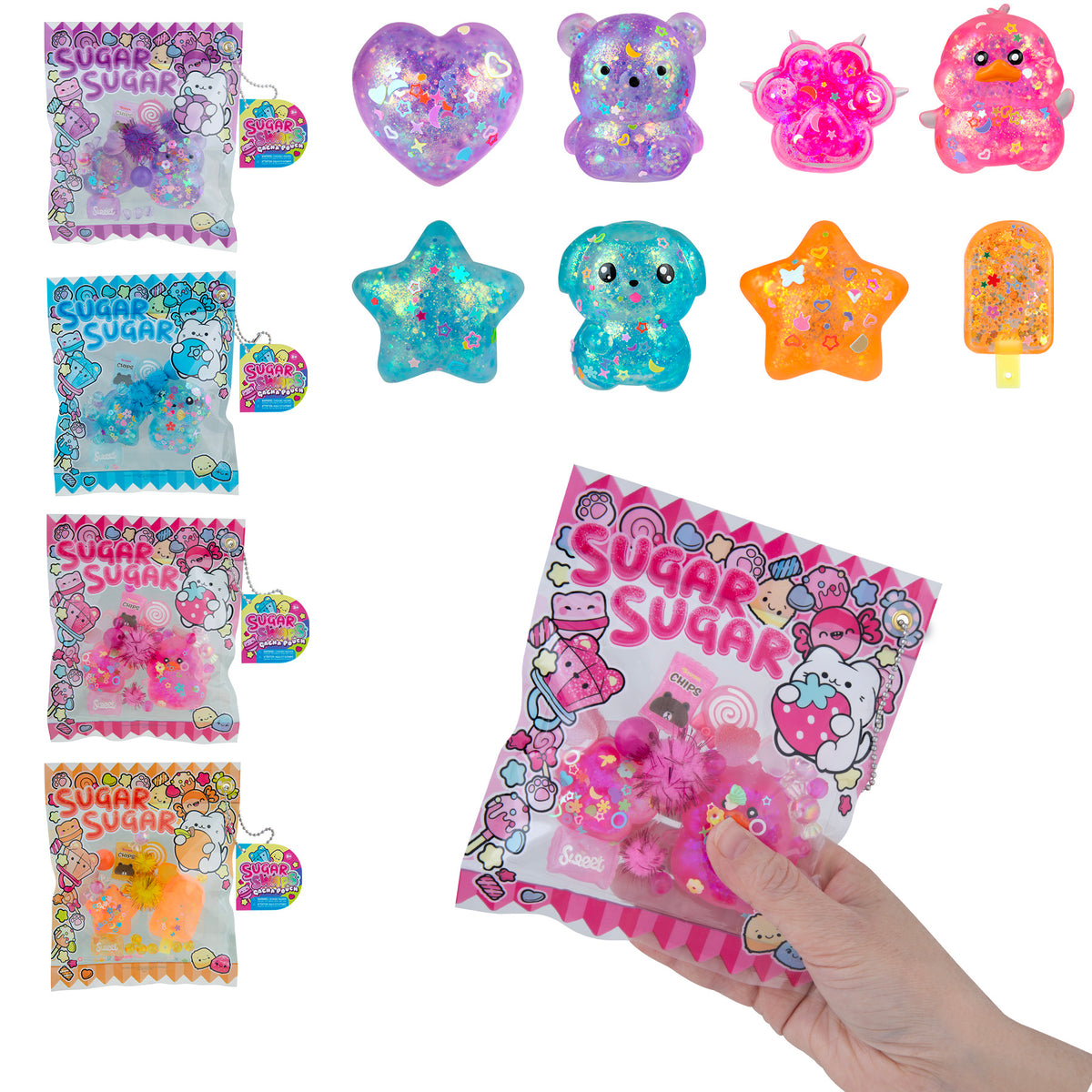 Sugar Swaps Gacha Pouch with colorful glittery animal and novelty squishy toys in bright packages