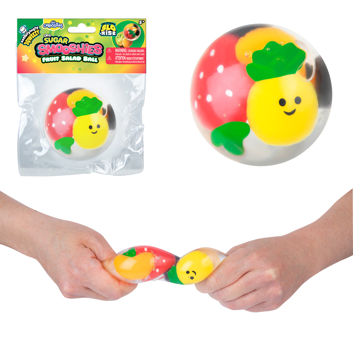 Sugar Smooshies Fruit Salad Ball colorful fruit themed squishy toy shown packaged and squeezed by hand