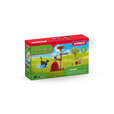 Playtime for Cute Cats set with three cats, adjustable scratching post, house, ball of wool, and accessories for ages 3+