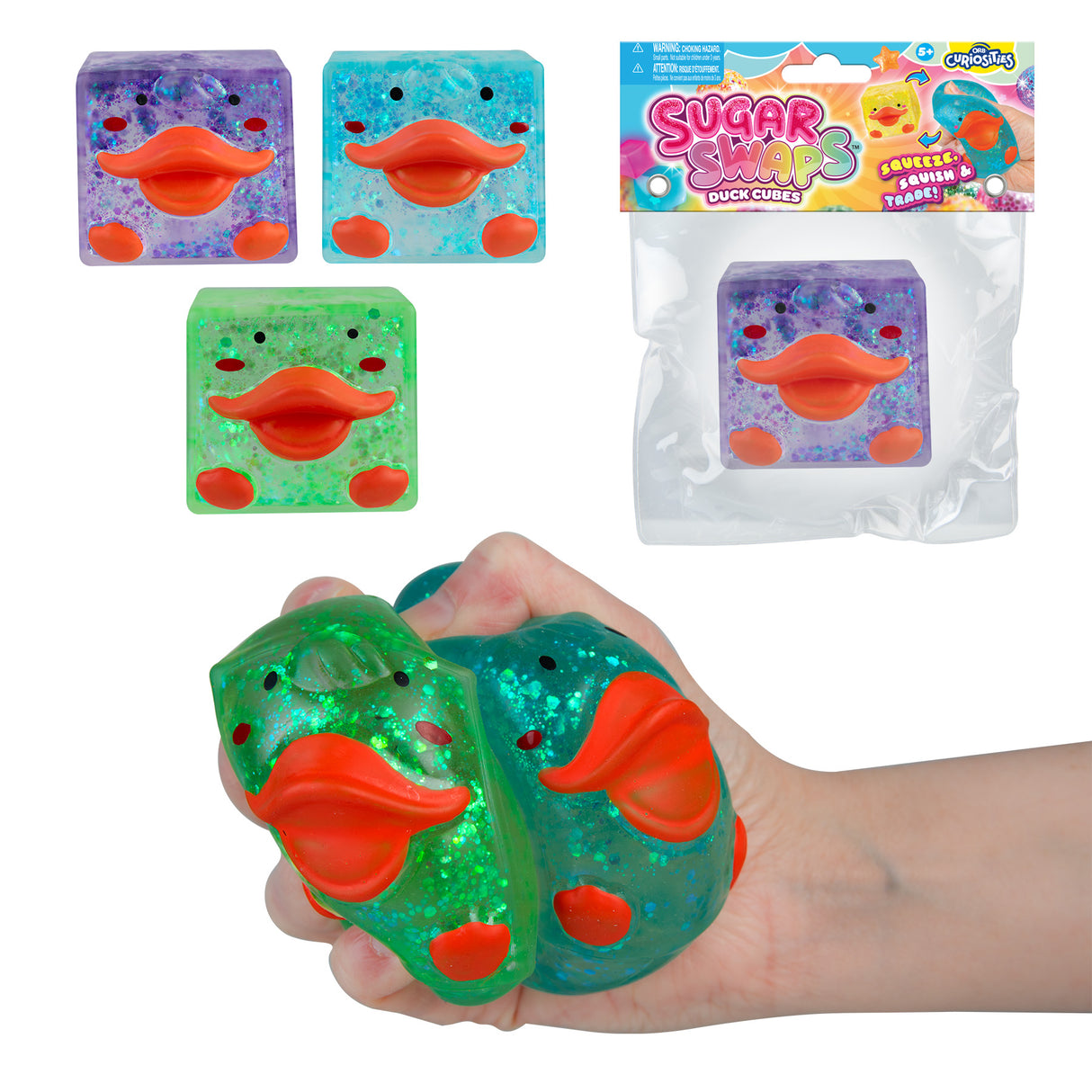 Sugar Swaps Duck Cube squishy duck toy shown in purple and green colors and held in a hand