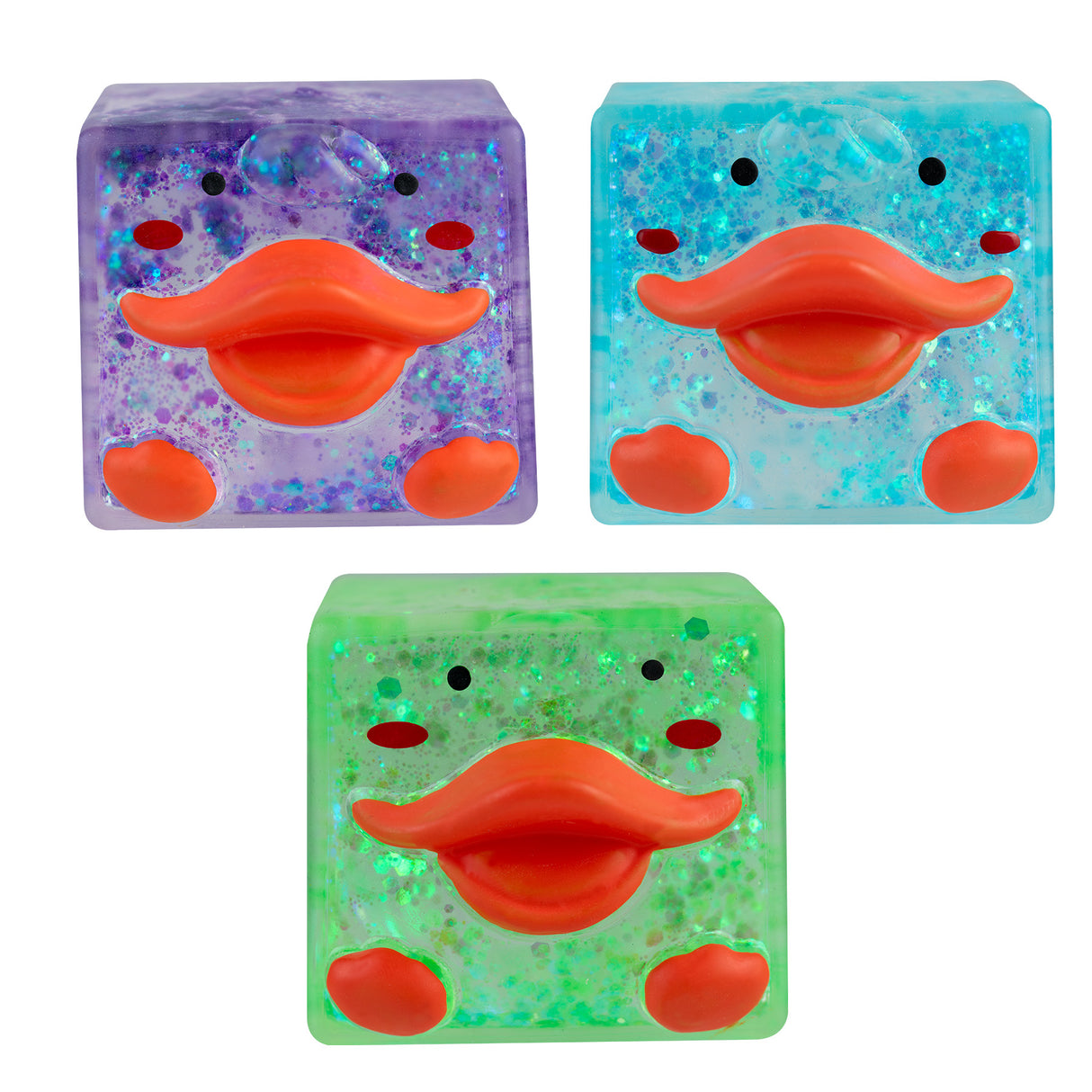 Sugar Swaps Duck Cube sensory fidget toys in purple blue and green with playful duck faces