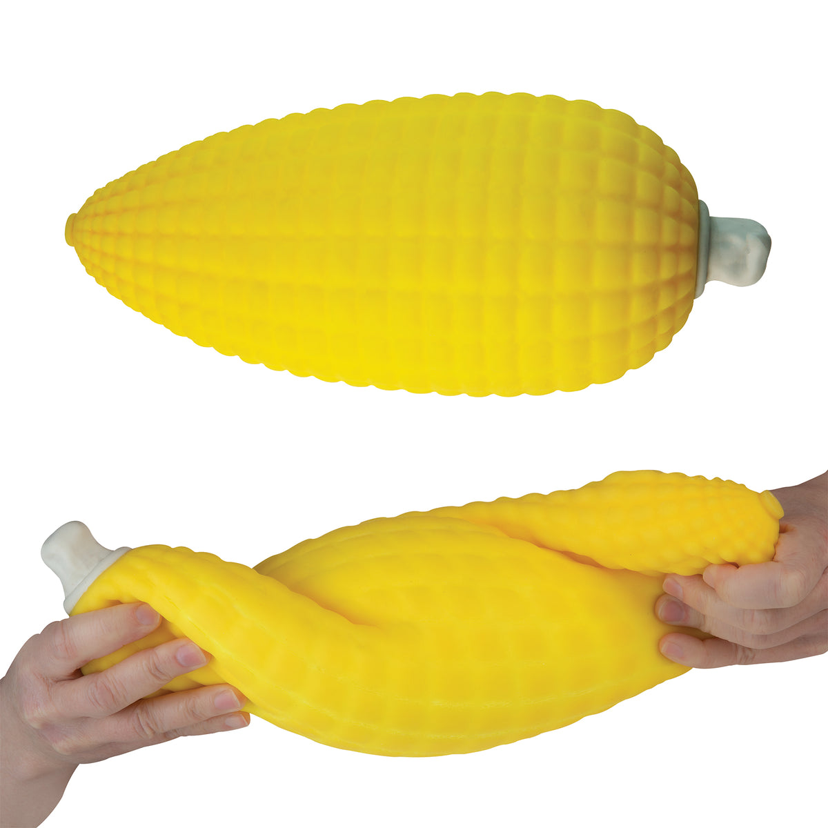 Easy Sqweezy Corn yellow corn shaped squishy toy shown whole and stretched by hand