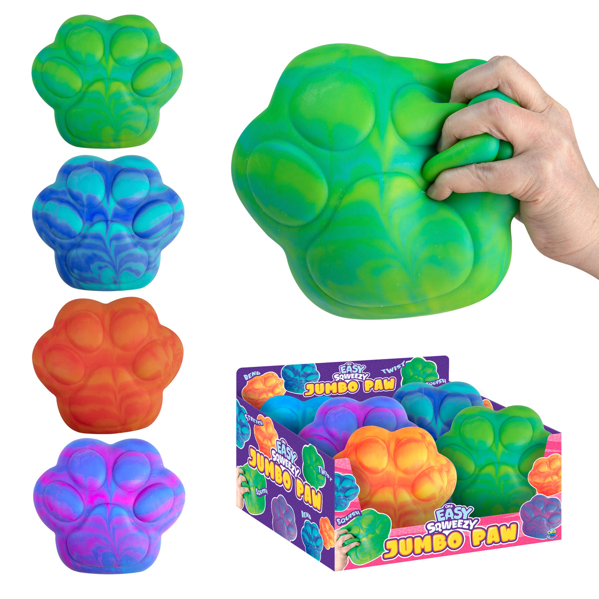 Easy Sqweezy Jumbo Paw colorful paw shaped squishy toys shown loose in a display box and squeezed by hand