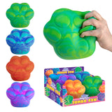 Easy Sqweezy Jumbo Paw colorful paw shaped squishy toys shown loose in a display box and squeezed by hand