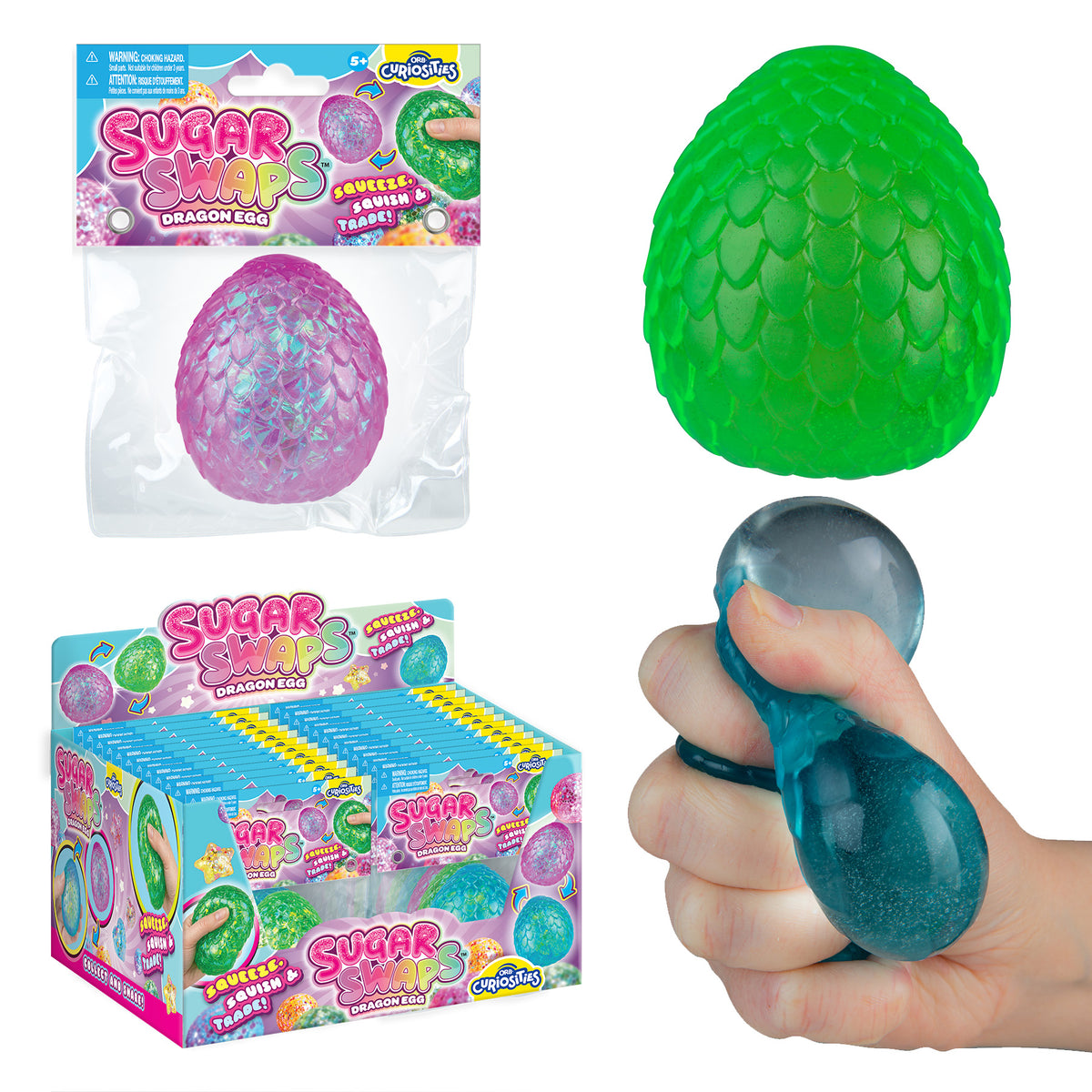 Sugar Swaps Dragon Egg textured dragon egg squishy toy shown packaged loose and squeezed in hand