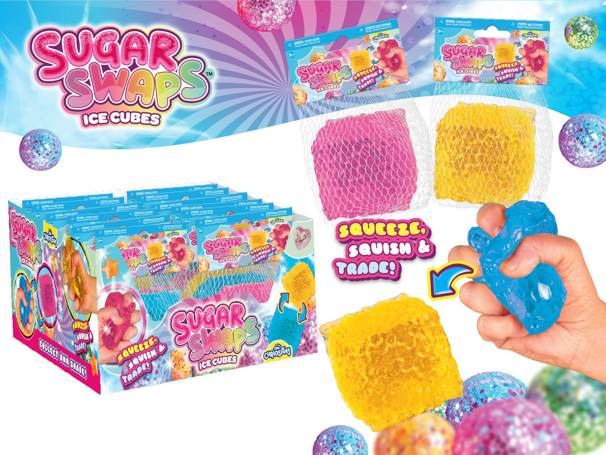 Sugar Swaps Ice Cube display with colorful squishy ice cube toys and packaging
