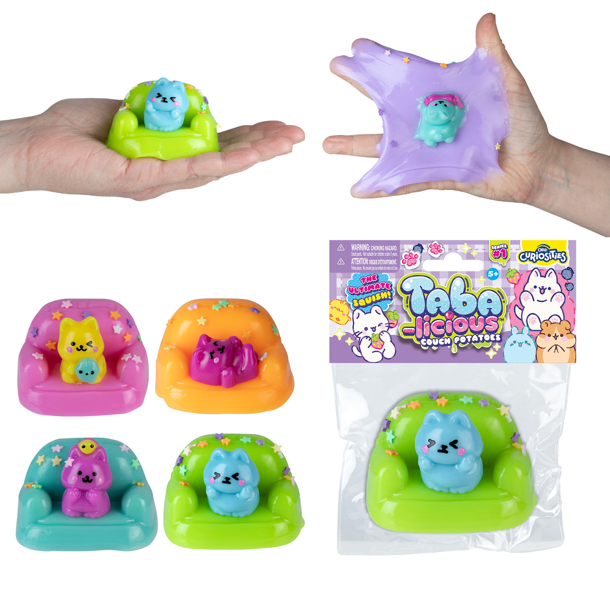 Taba-Licious Couch Potato colorful couch-shaped squishy toys shown packaged and stretched by hand