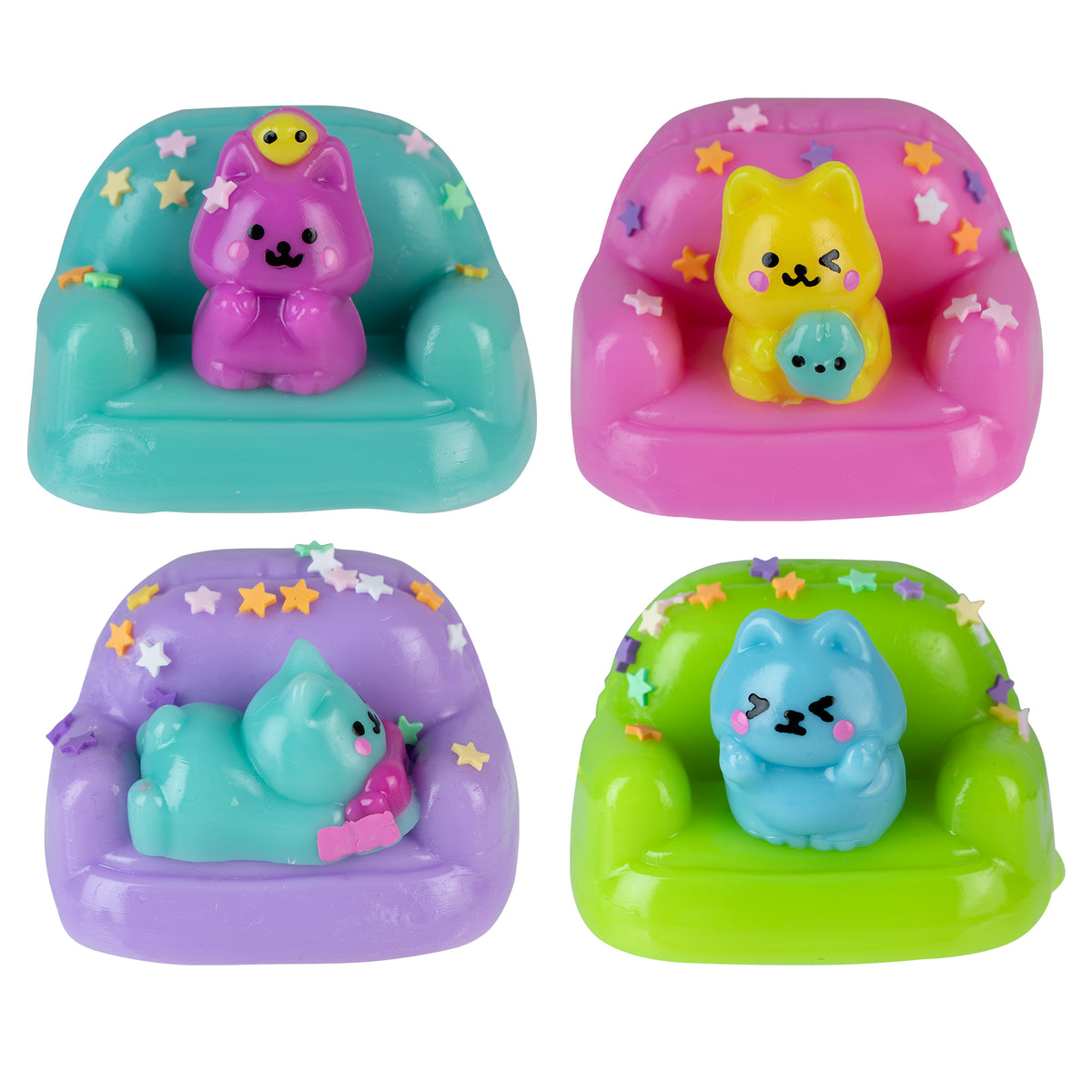 Taba-Licious Couch Potato colorful cat squish toys lounging on miniature couches
